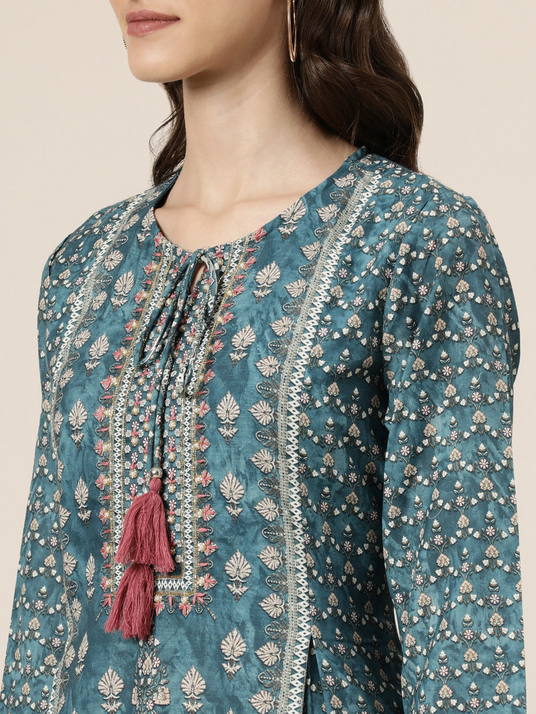 Women Teal Floral Kurta Set