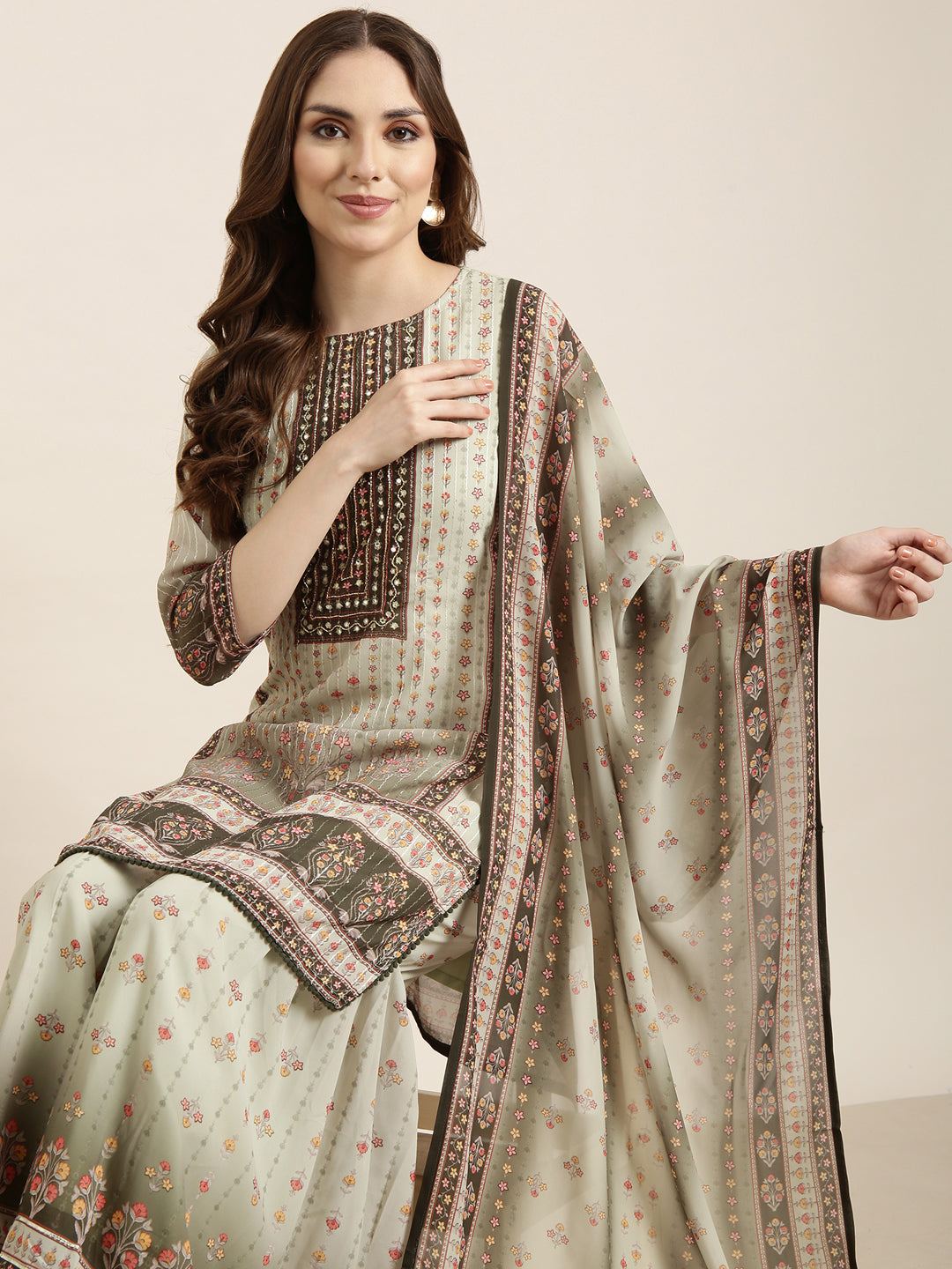 Women Straight Green Floral Kurti and Sharara Set Comes With Dupatta