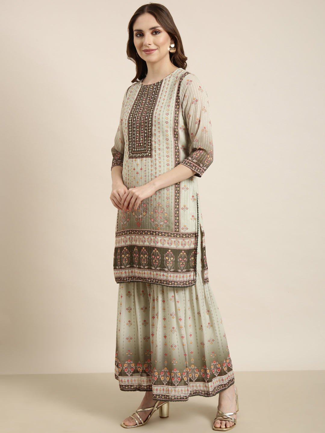 Women Straight Green Floral Kurti and Sharara Set Comes With Dupatta