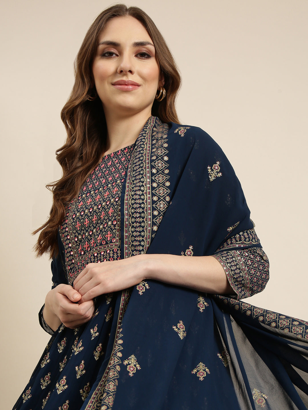 Women's Anarkali Teal Ethnic Motifs Kurta Sets with Trousers & Dupatta