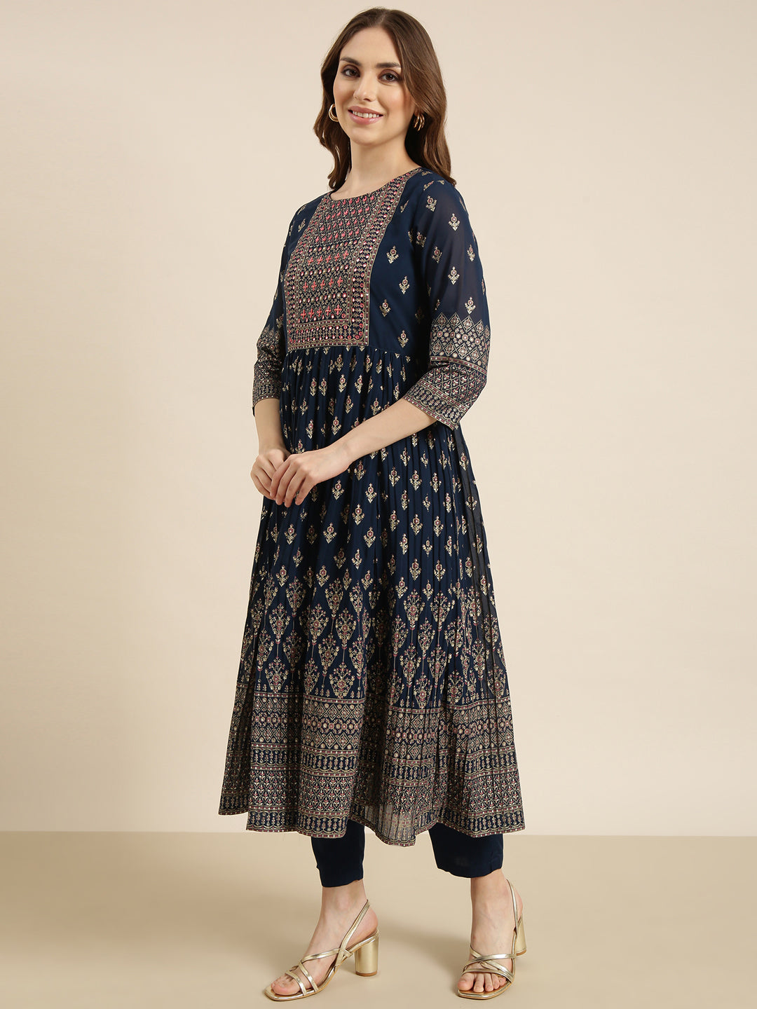 Women's Anarkali Teal Ethnic Motifs Kurta Sets with Trousers & Dupatta