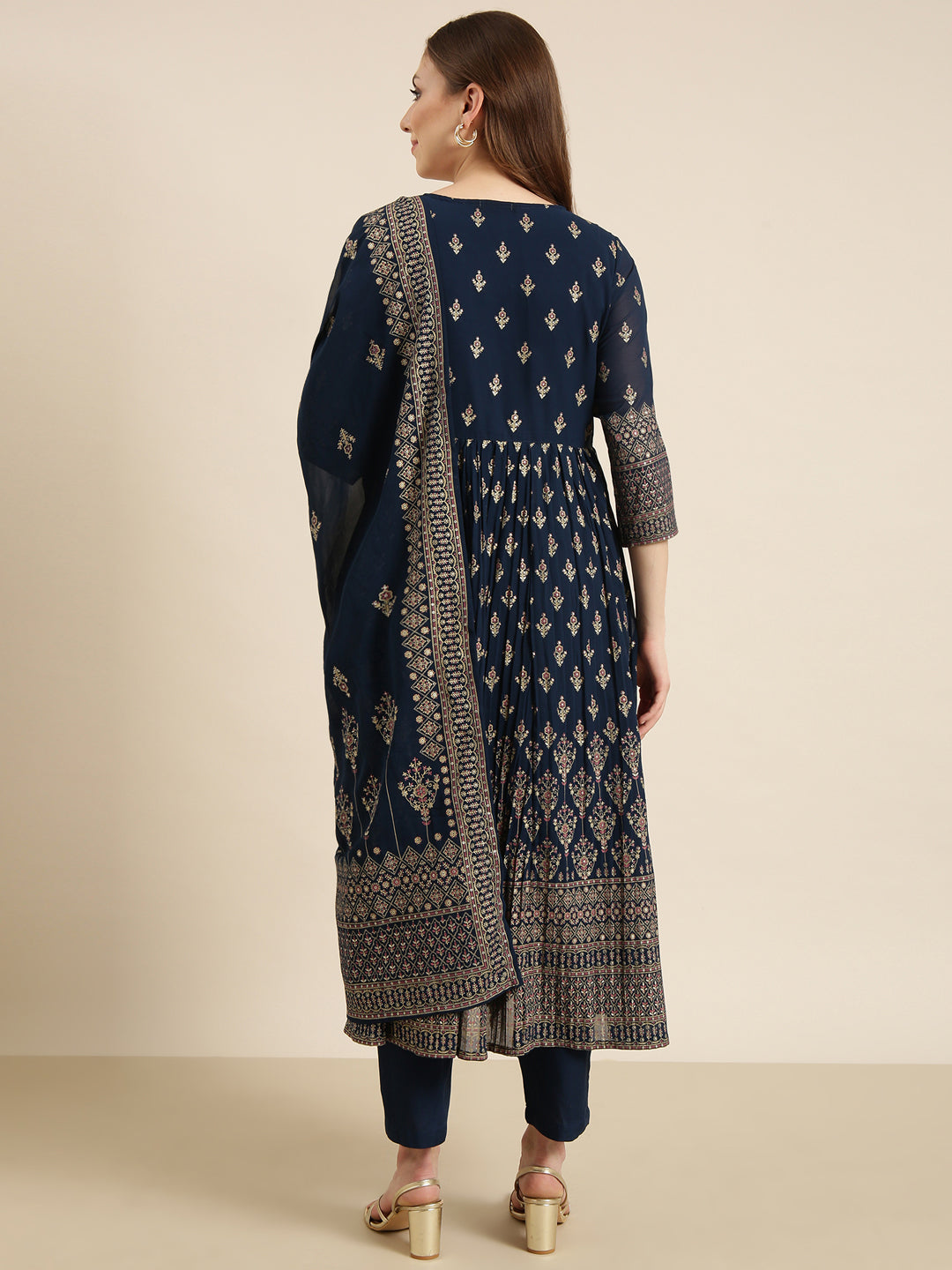 Women's Anarkali Teal Ethnic Motifs Kurta Sets with Trousers & Dupatta