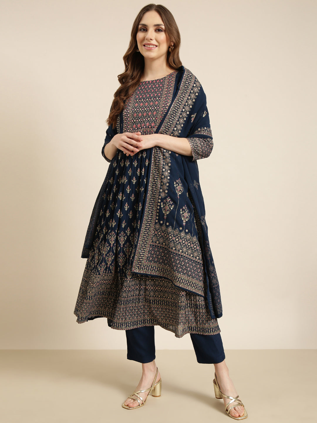 Women's Anarkali Teal Ethnic Motifs Kurta Sets with Trousers & Dupatta