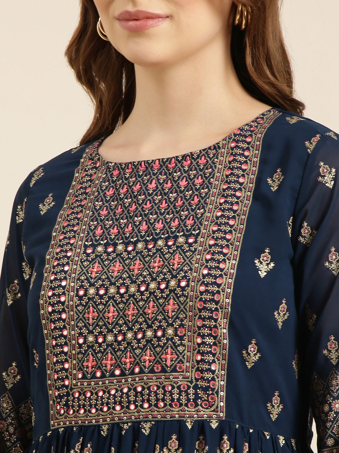 Women's Anarkali Teal Ethnic Motifs Kurta Sets with Trousers & Dupatta