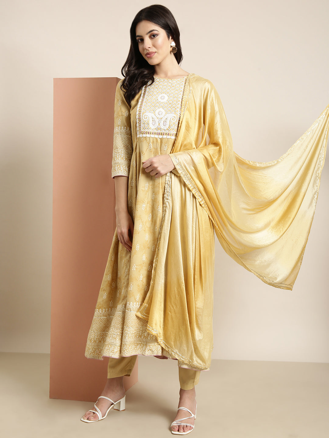 Women Anarkali Beige Floral Kurta and Trousers Set Comes With Dupatta