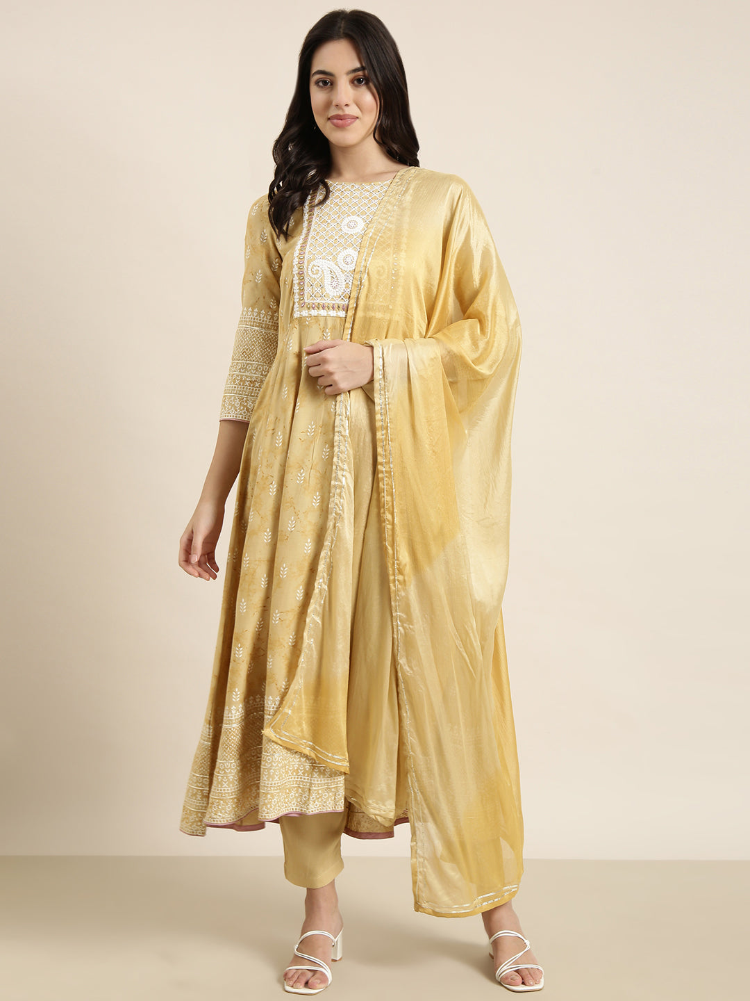 Women Anarkali Beige Floral Kurta and Trousers Set Comes With Dupatta