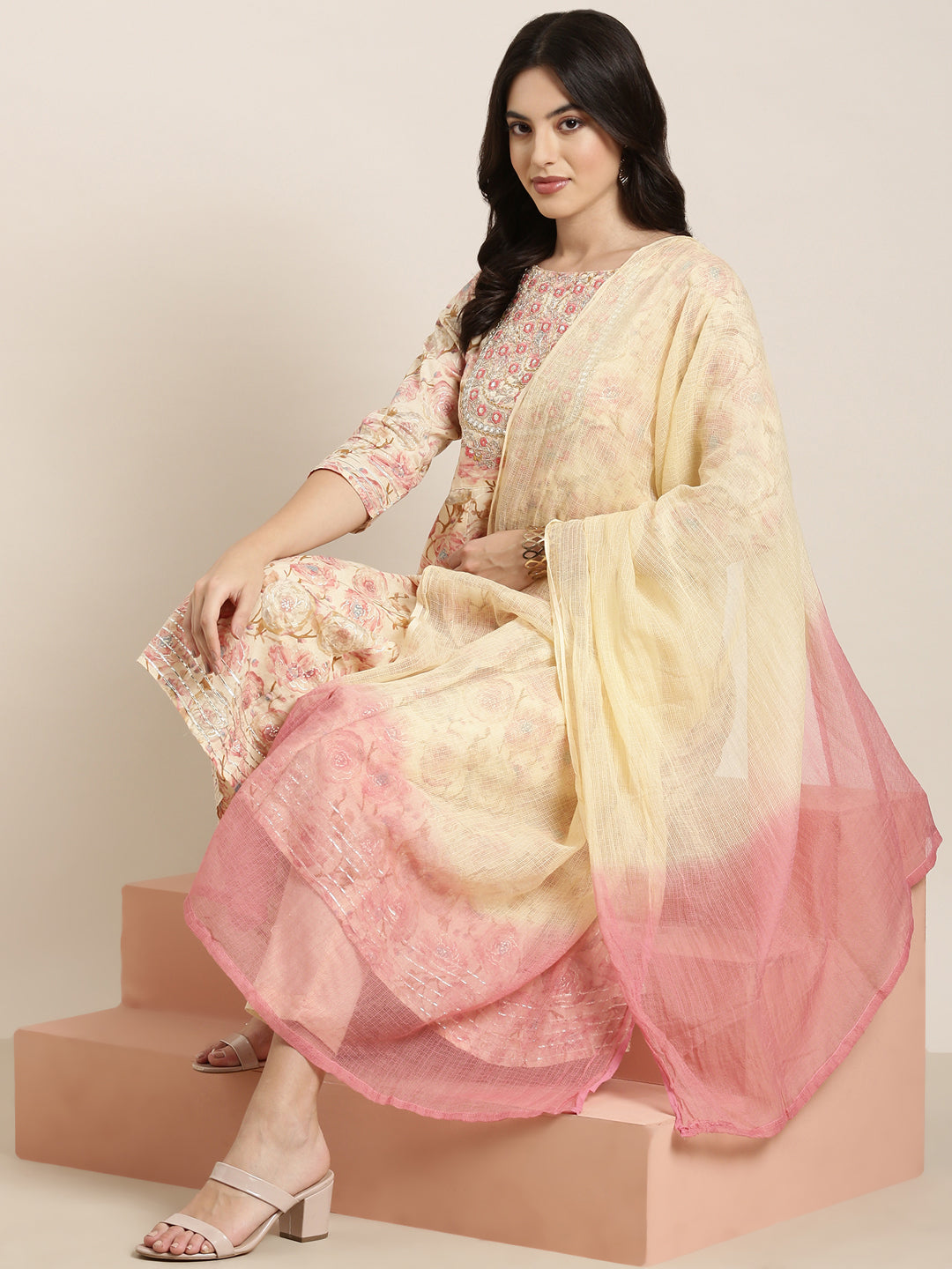 Women Anarkali Cream Floral Kurta and Trousers Set Comes With Dupatta