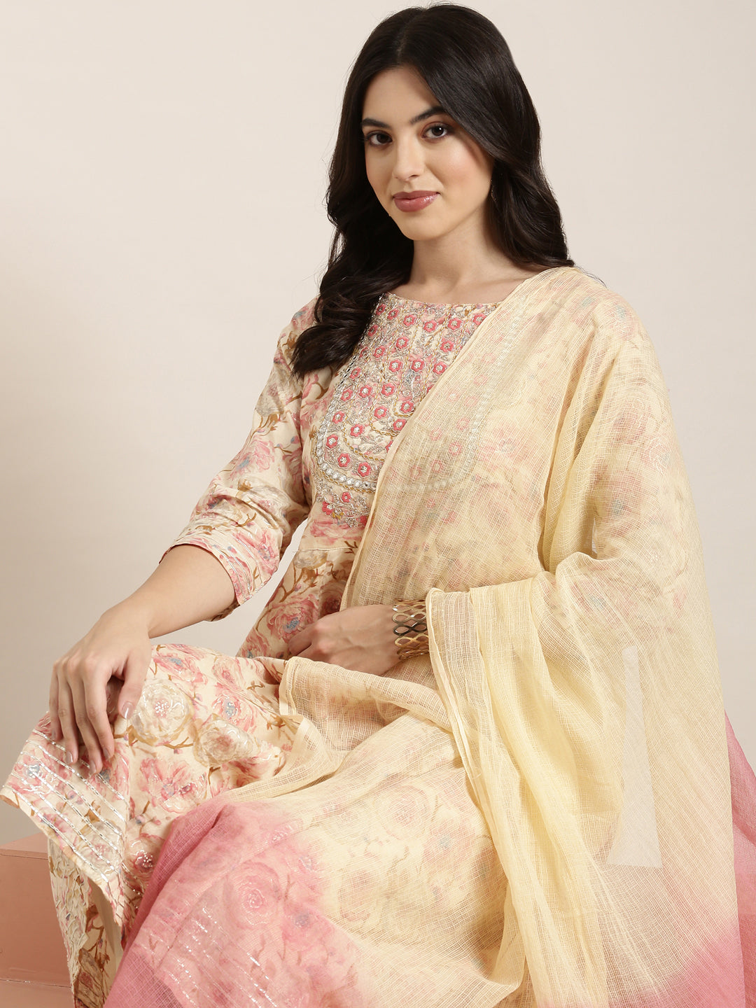 Women Anarkali Cream Floral Kurta and Trousers Set Comes With Dupatta