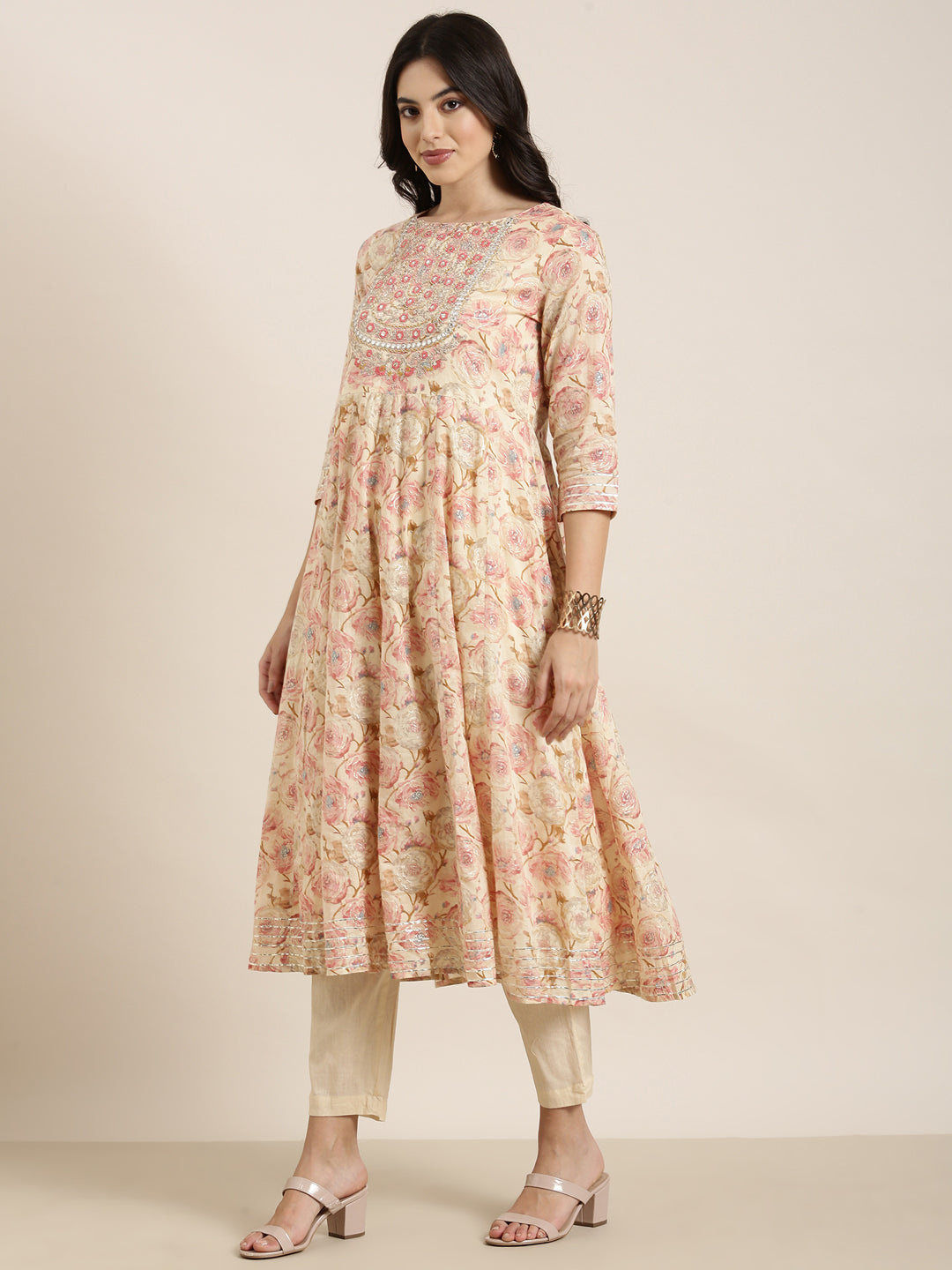 Women Anarkali Cream Floral Kurta and Trousers Set Comes With Dupatta