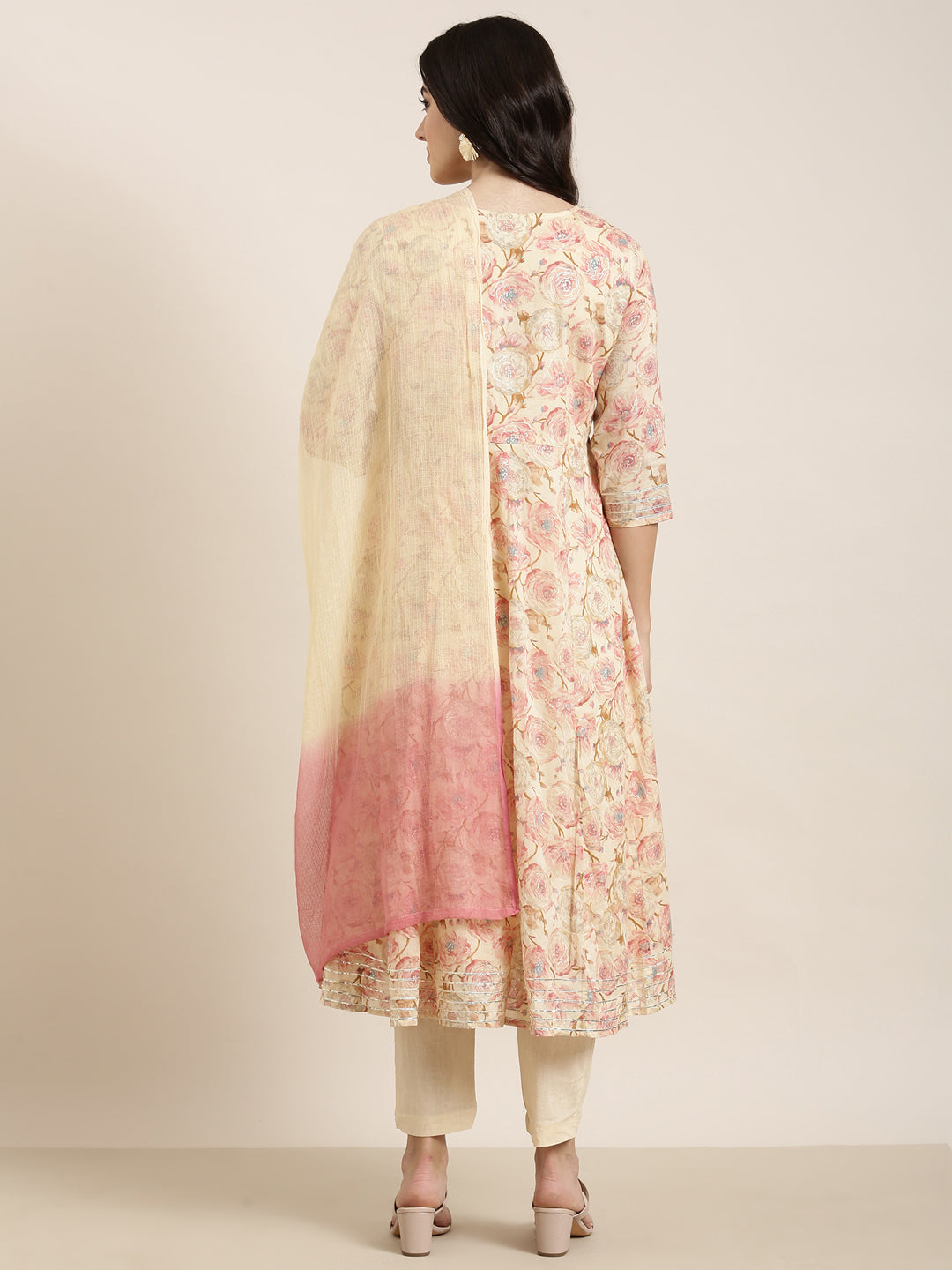 Women Anarkali Cream Floral Kurta and Trousers Set Comes With Dupatta