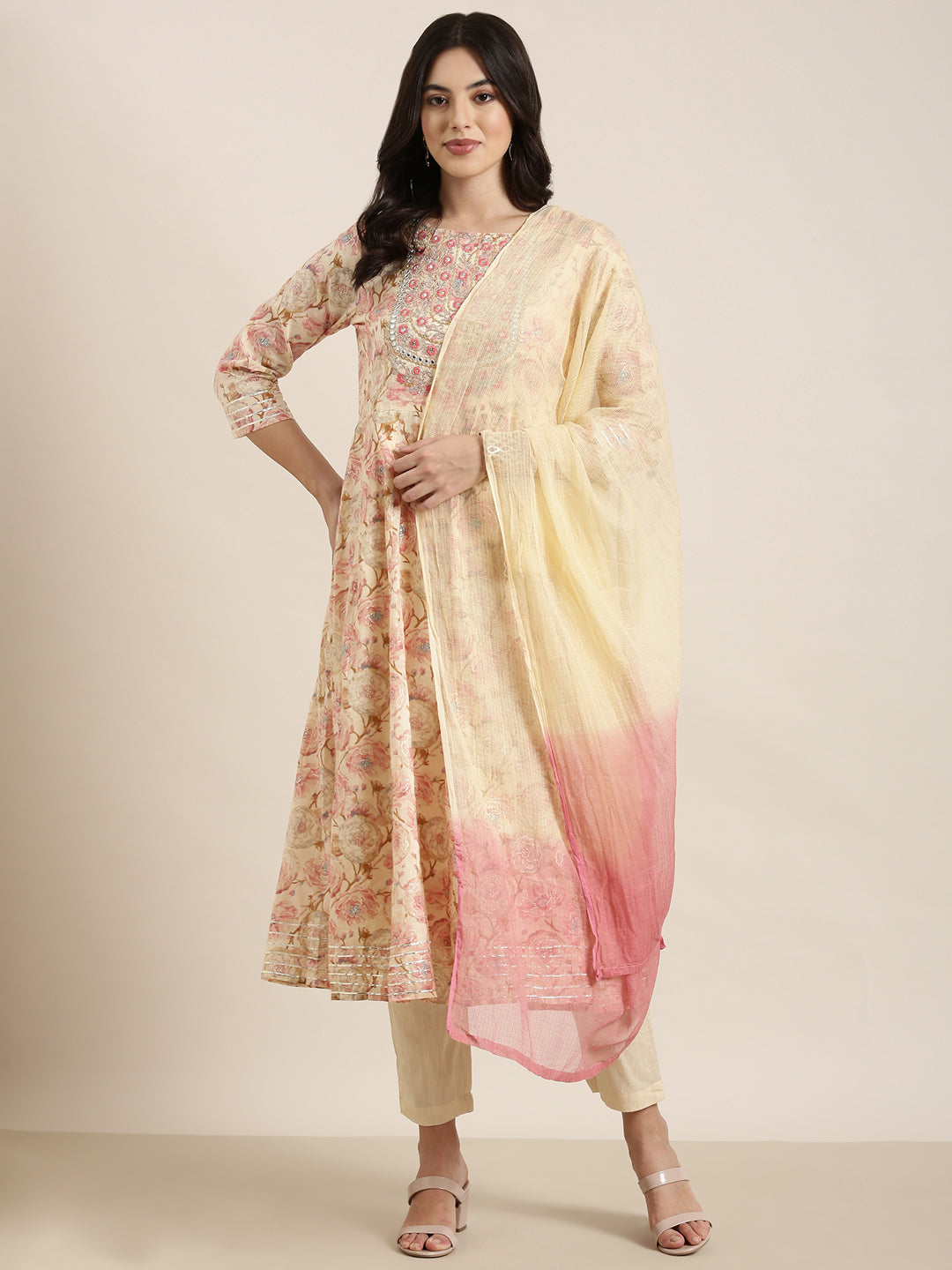 Women Anarkali Cream Floral Kurta and Trousers Set Comes With Dupatta