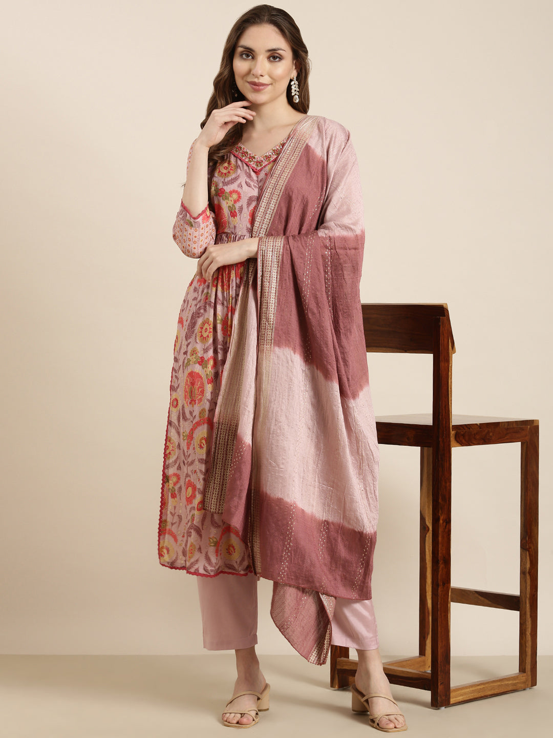 Women Anarkali Peach Ethnic Motifs Kurta and Trousers Set Comes With Dupatta