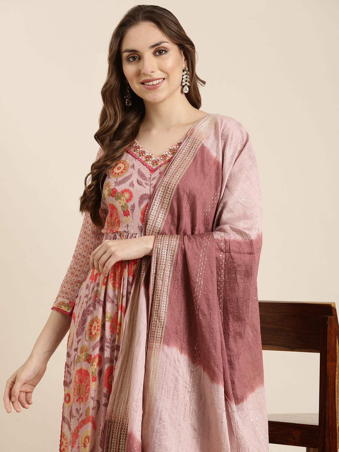 Women Anarkali Peach Ethnic Motifs Kurta and Trousers Set Comes With Dupatta