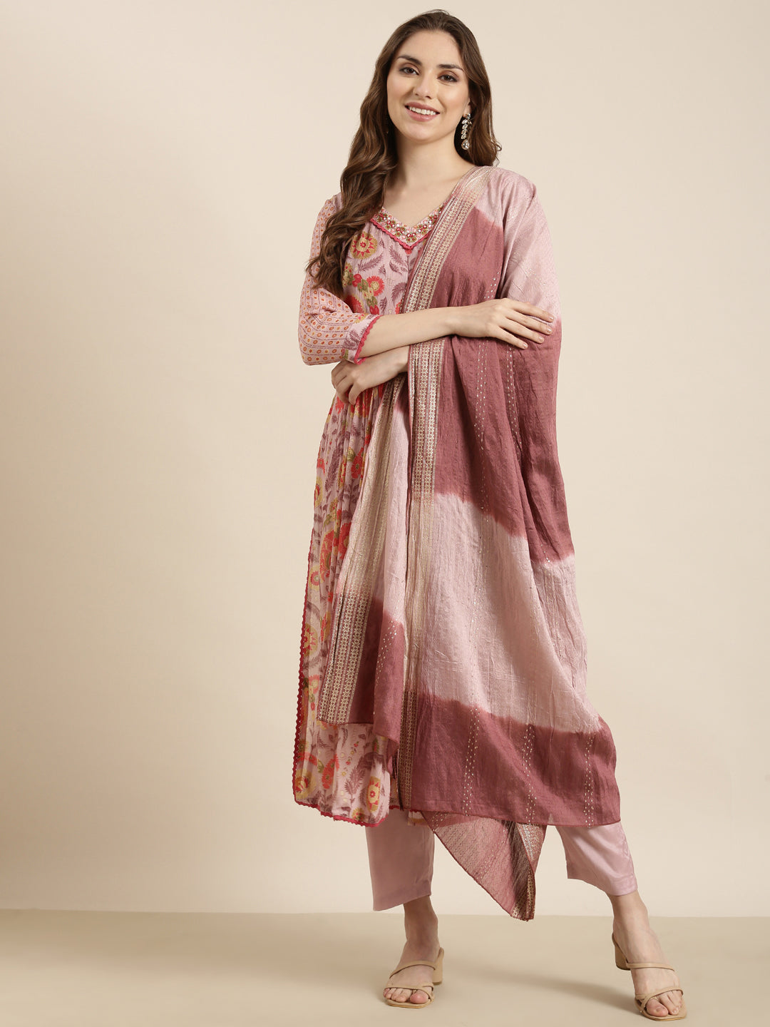 Women Anarkali Peach Ethnic Motifs Kurta and Trousers Set Comes With Dupatta