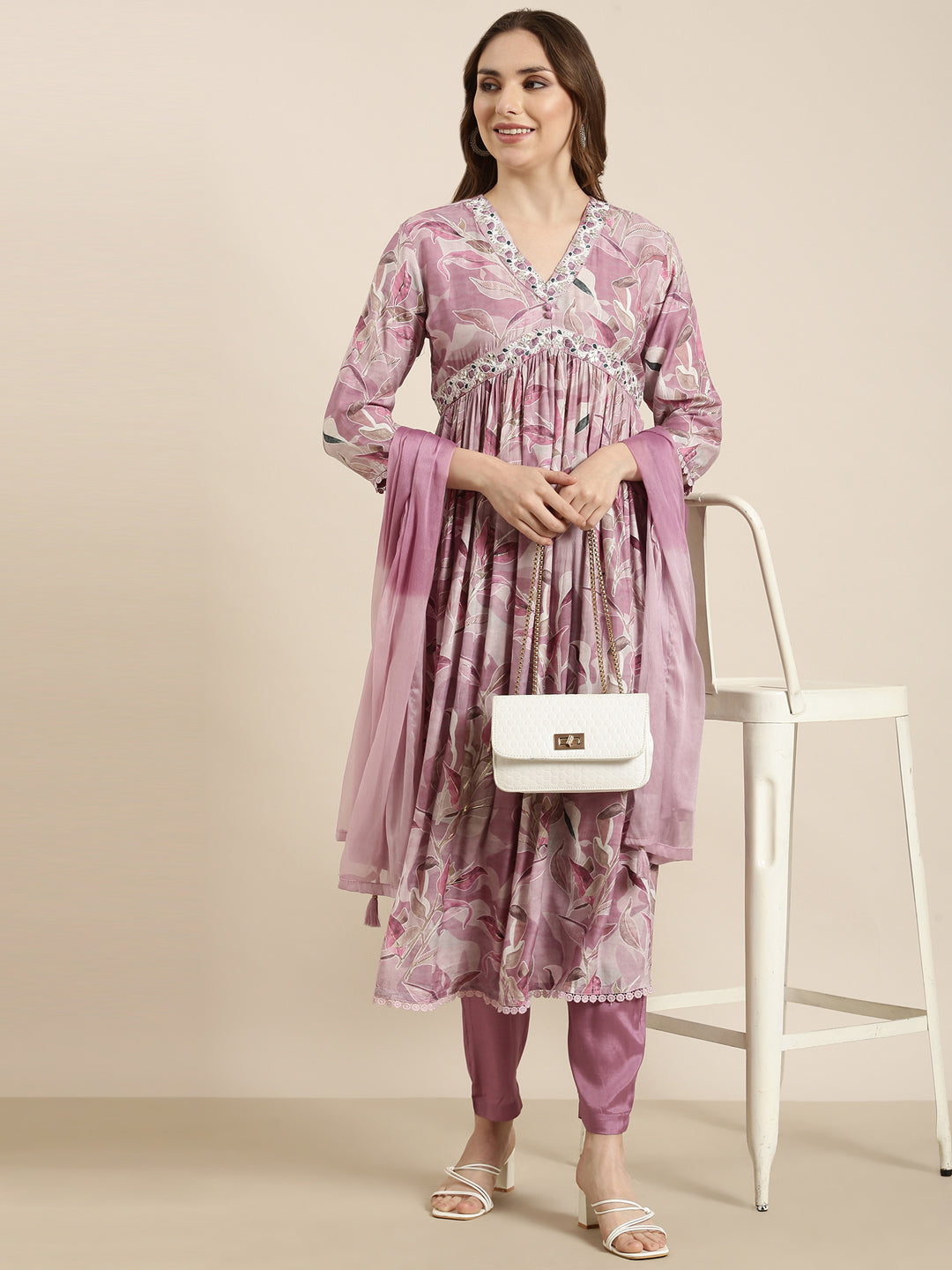 Women Anarkali Lavender Floral Kurta and Trousers Set Comes With Dupatta