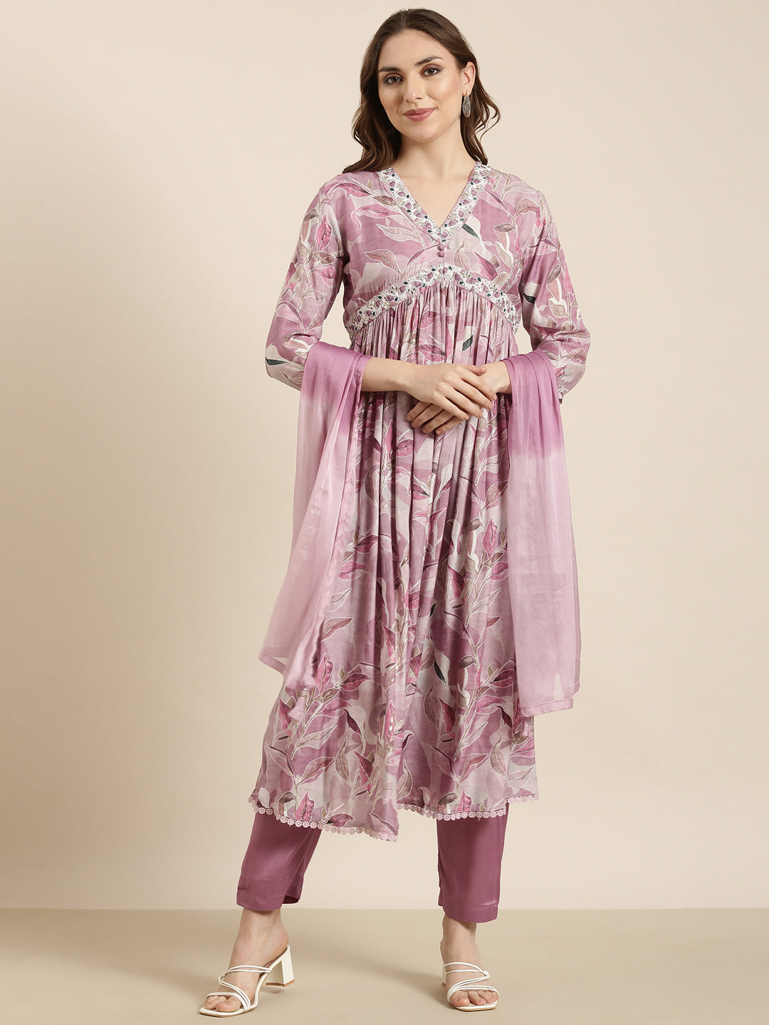 Women Anarkali Lavender Floral Kurta and Trousers Set Comes With Dupatta