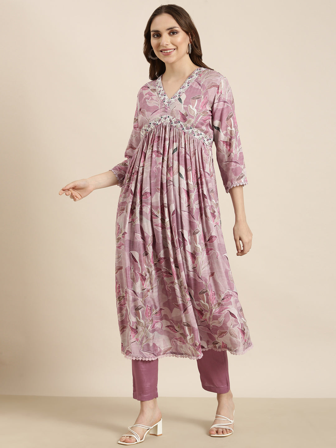 Women Anarkali Lavender Floral Kurta and Trousers Set Comes With Dupatta