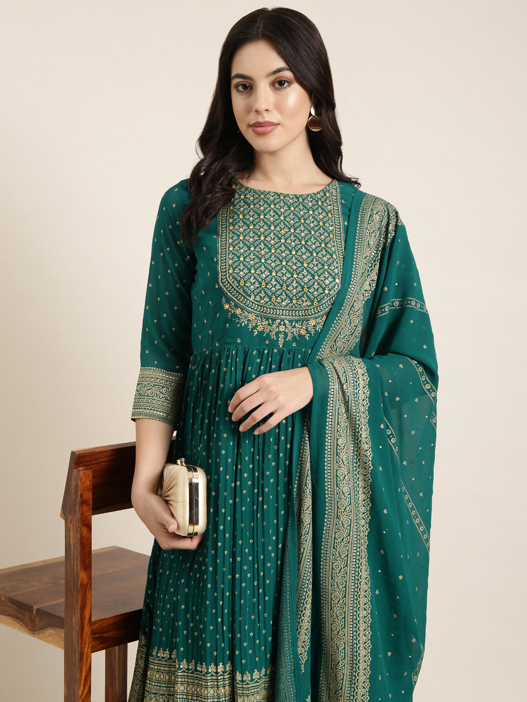 Women Anarkali Green Ethnic Motifs Kurta and Trousers Set Comes With Dupatta