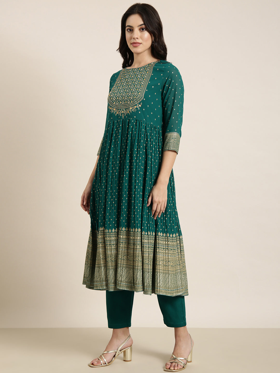 Women Anarkali Green Ethnic Motifs Kurta and Trousers Set Comes With Dupatta