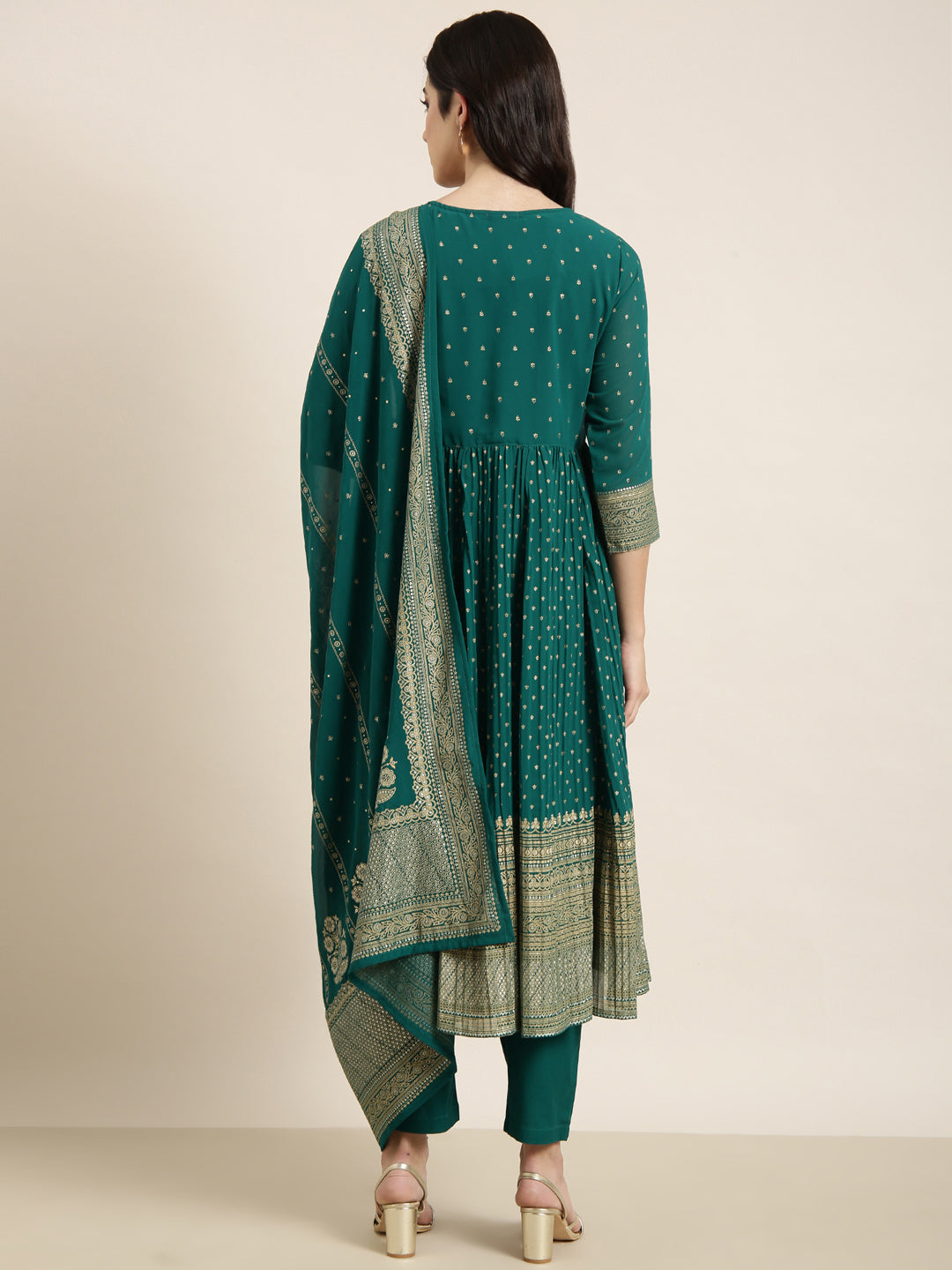 Women Anarkali Green Ethnic Motifs Kurta and Trousers Set Comes With Dupatta