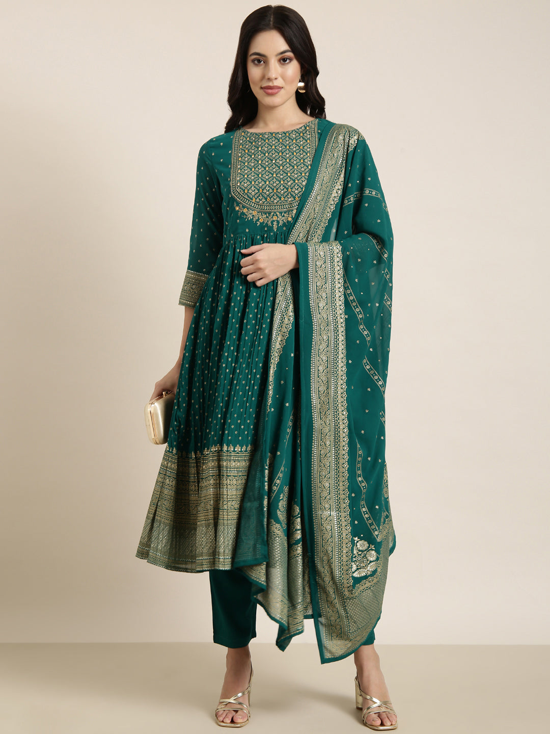 Women Anarkali Green Ethnic Motifs Kurta and Trousers Set Comes With Dupatta