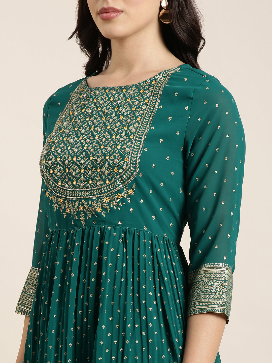 Women Anarkali Green Ethnic Motifs Kurta and Trousers Set Comes With Dupatta