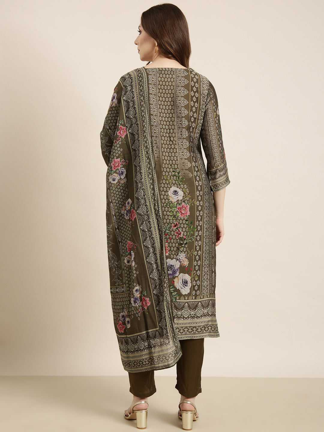 Women Straight Olive Floral Kurta and Trousers Set Comes With Dupatta