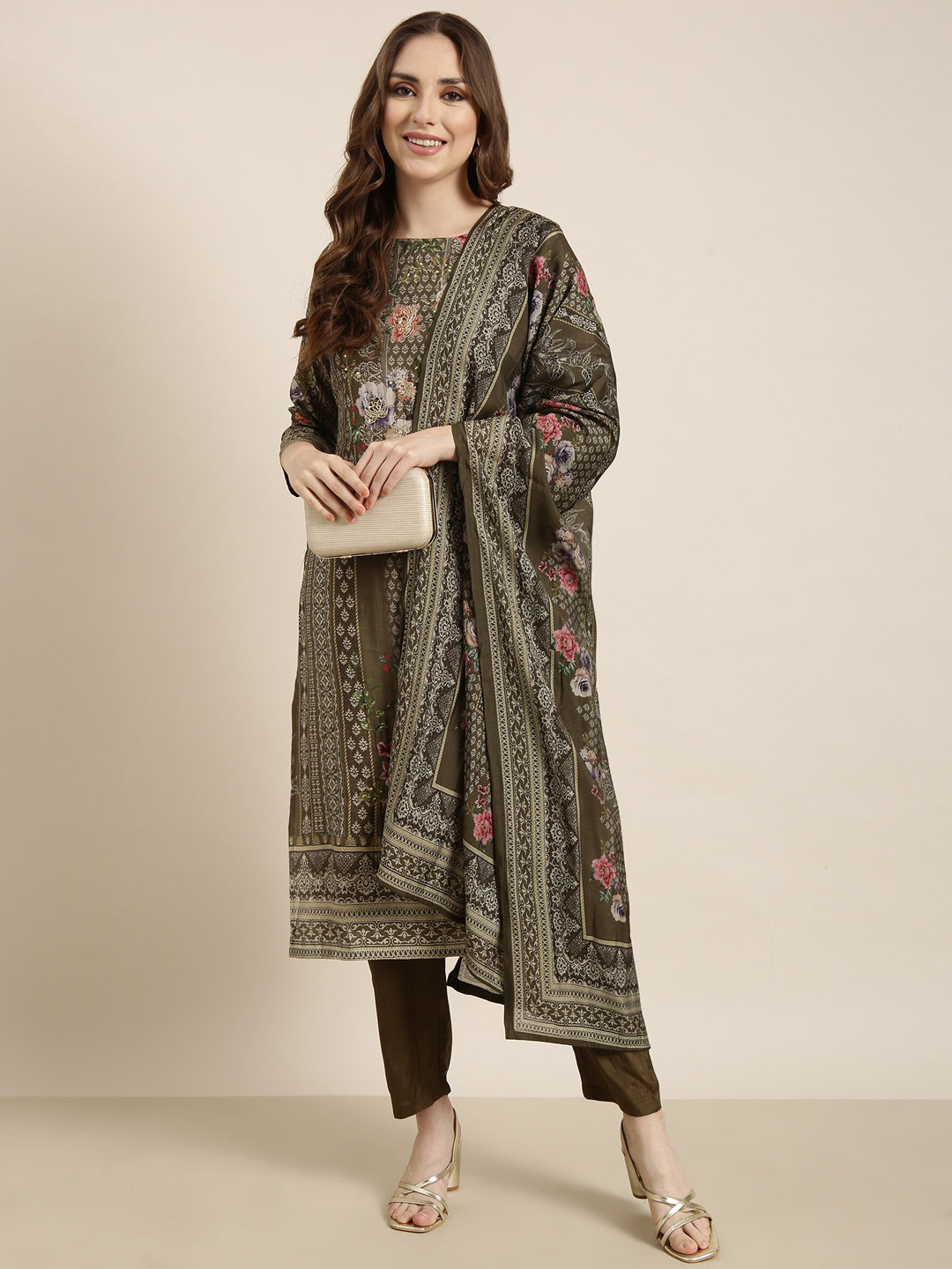 Women Straight Olive Floral Kurta and Trousers Set Comes With Dupatta