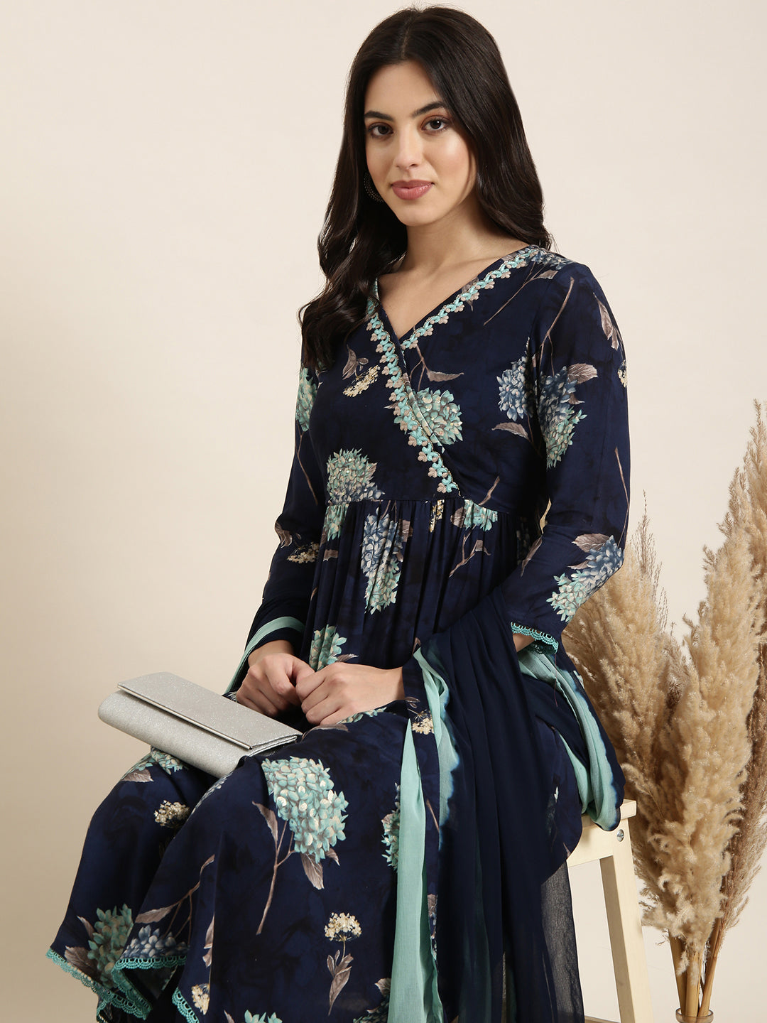 Women Anarkali Navy Blue Floral Kurta and Trousers Set Comes With Dupatta