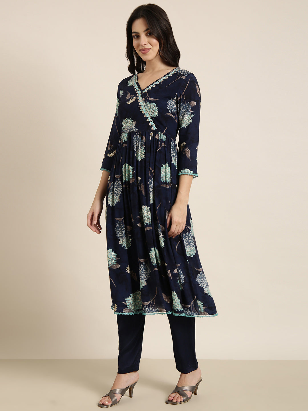 Women Anarkali Navy Blue Floral Kurta and Trousers Set Comes With Dupatta