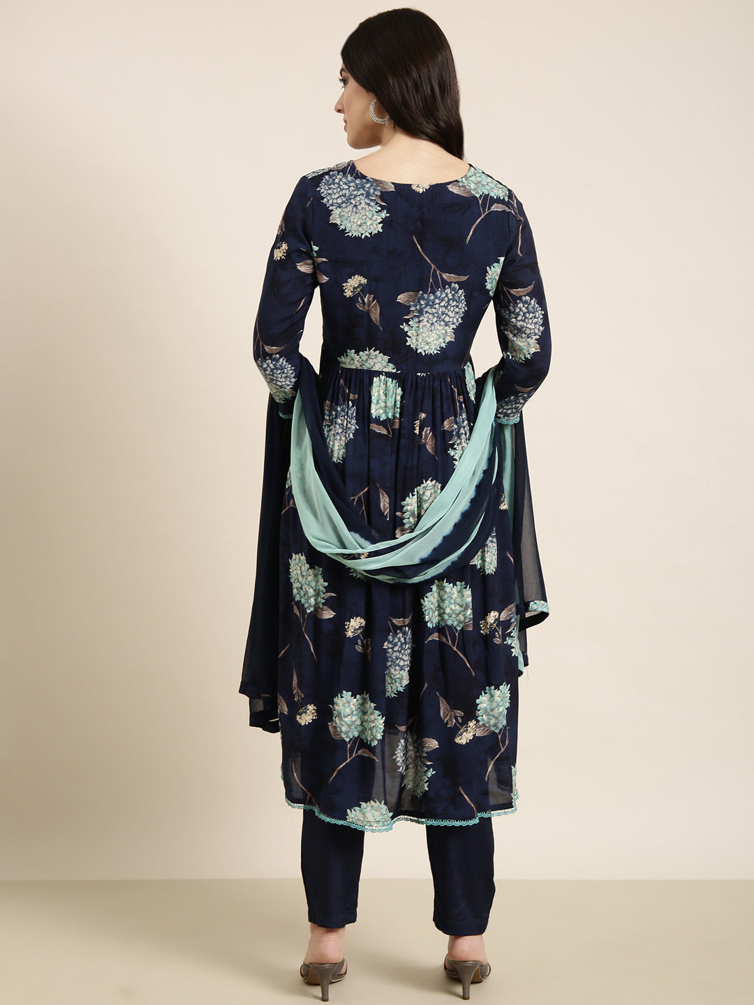 Women Anarkali Navy Blue Floral Kurta and Trousers Set Comes With Dupatta