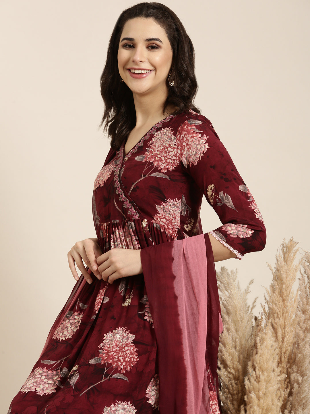 Women Anarkali Maroon Floral Kurta and Trousers Set Comes With Dupatta