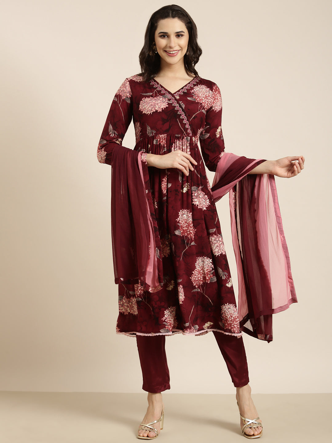 Women Anarkali Maroon Floral Kurta and Trousers Set Comes With Dupatta