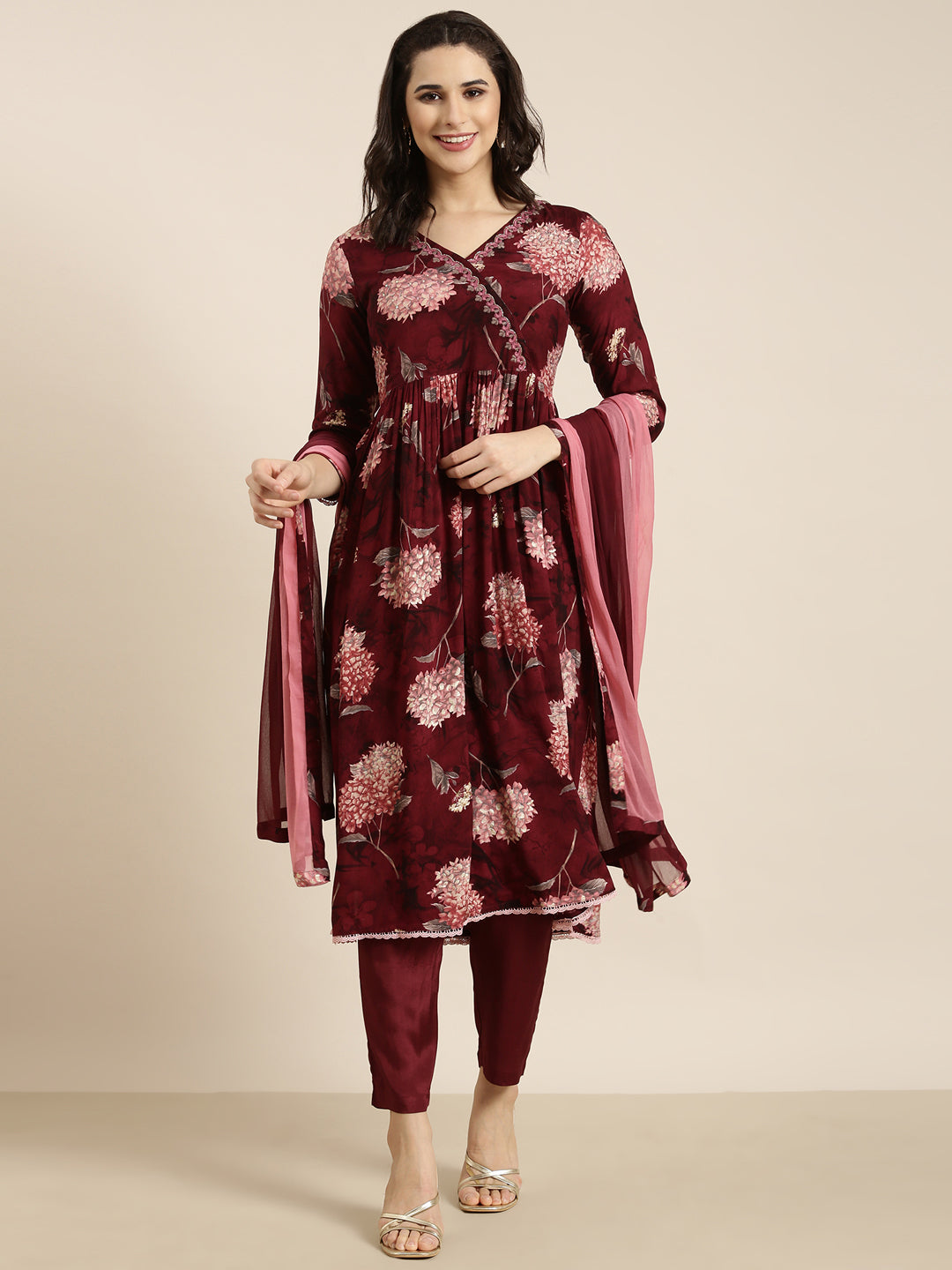 Women Anarkali Maroon Floral Kurta and Trousers Set Comes With Dupatta