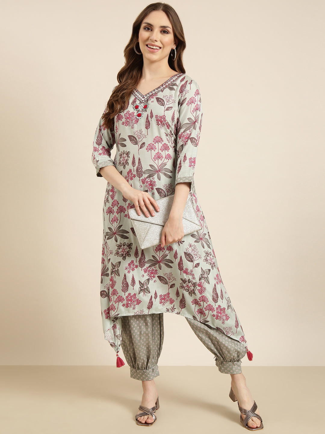 Women A-Line Grey Floral Kurta and Patiala Set