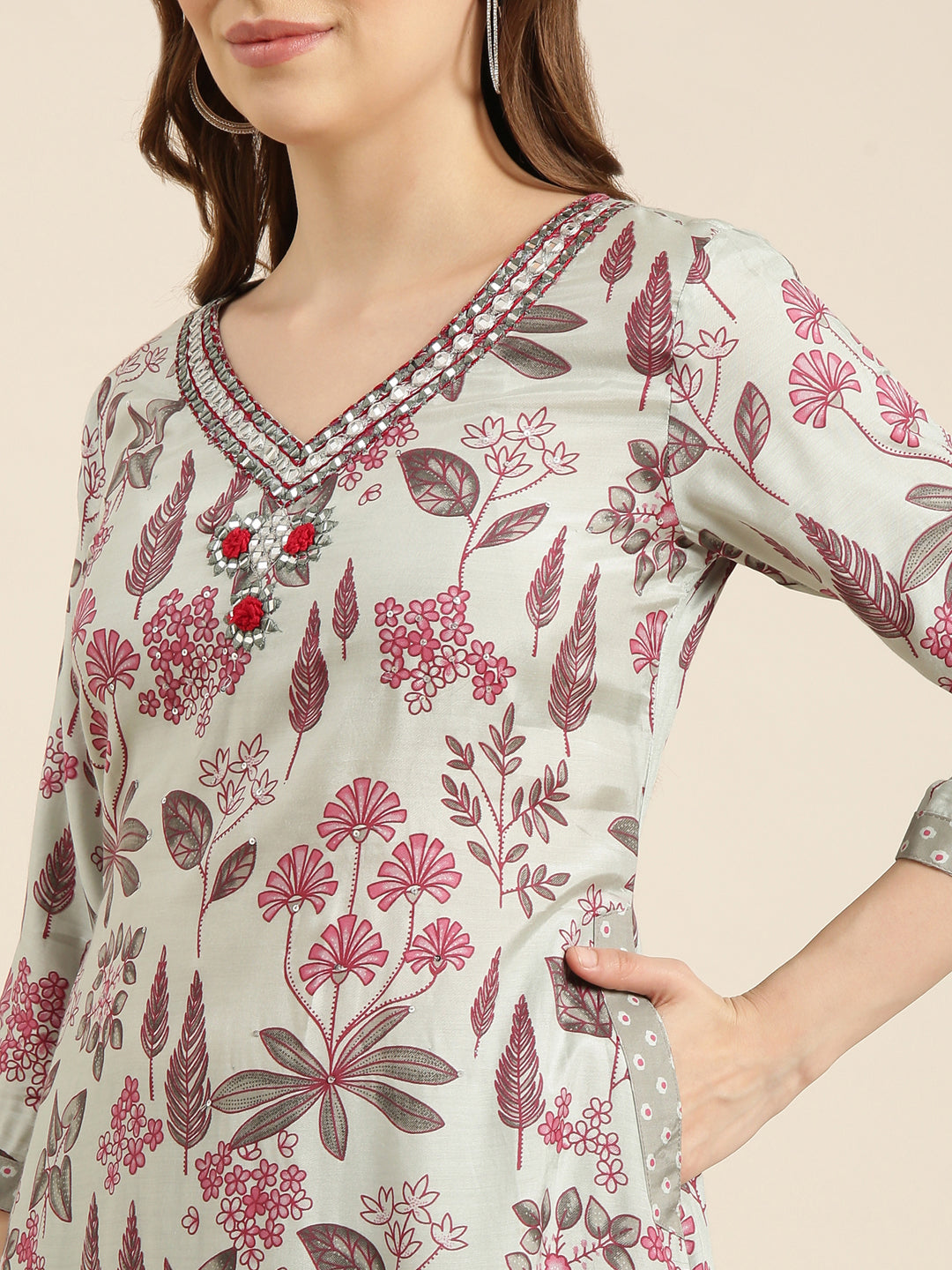 Women A-Line Grey Floral Kurta and Patiala Set