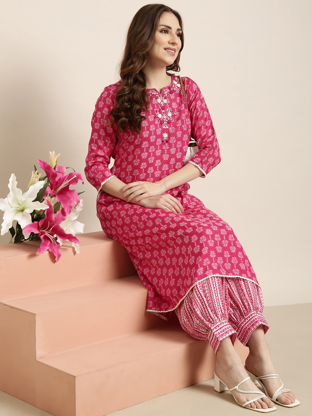 Women A-Line Pink Ethnic Motifs Kurta and Patiala Set