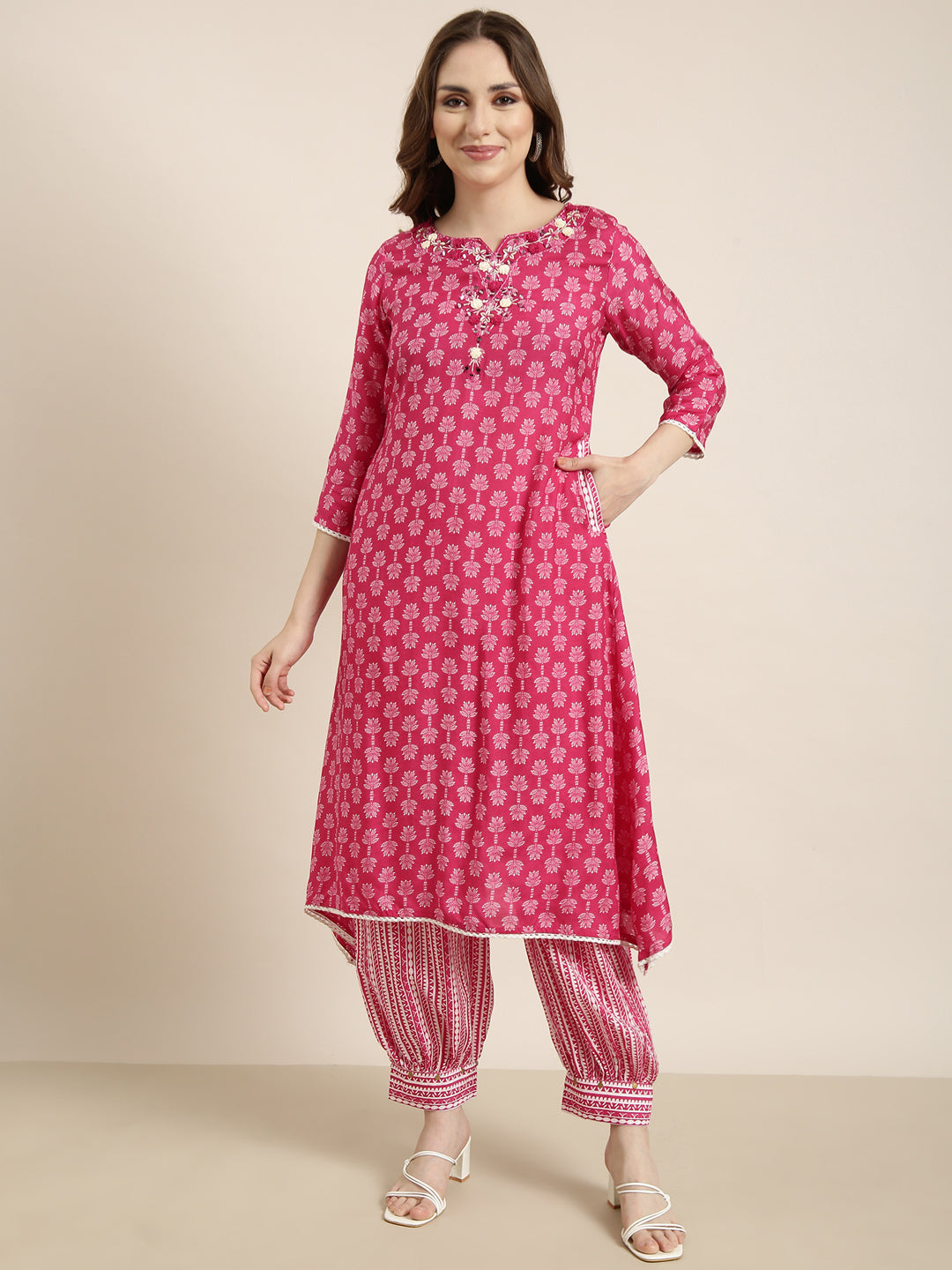 Women A-Line Pink Ethnic Motifs Kurta and Patiala Set