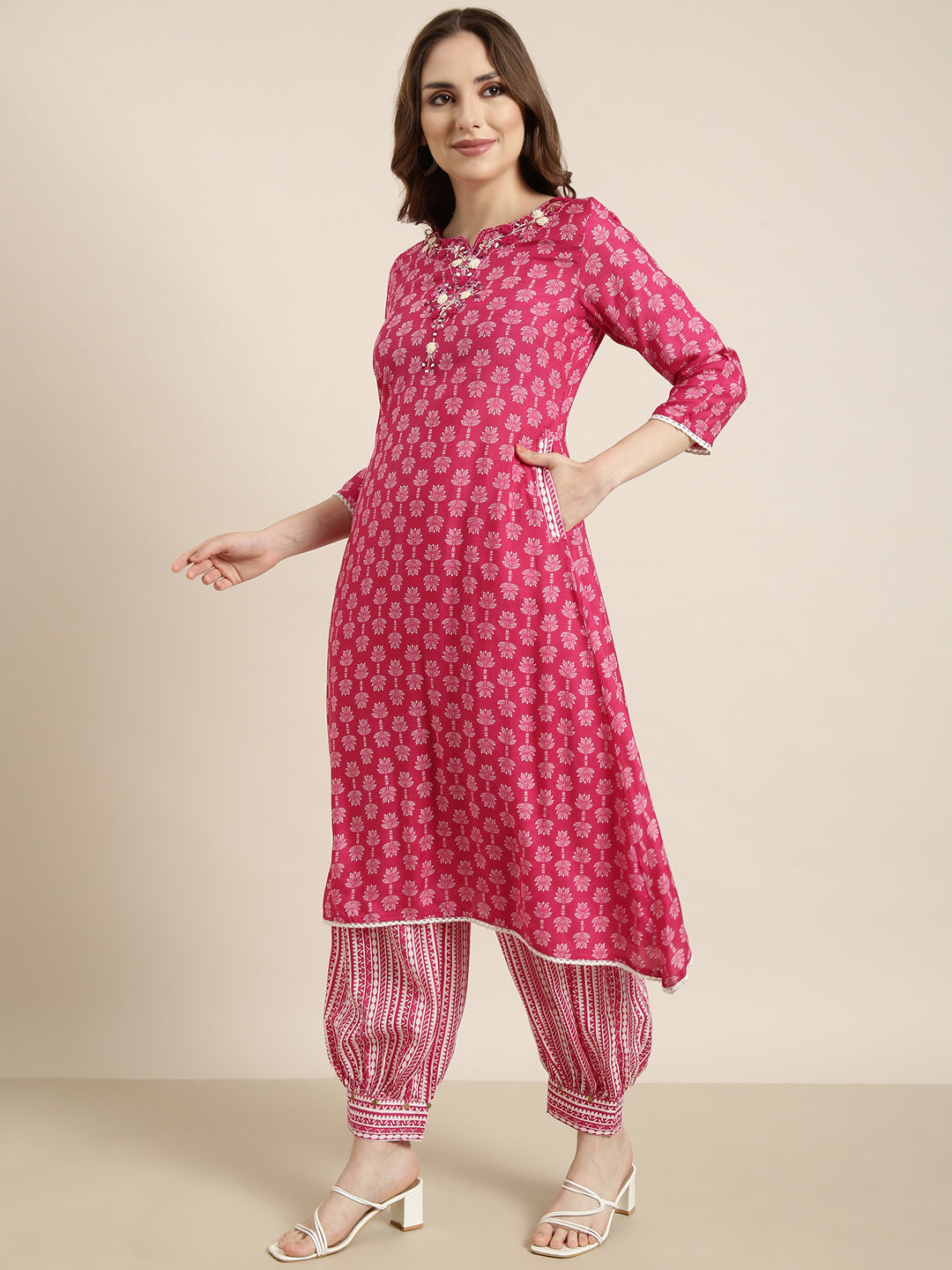 Women A-Line Pink Ethnic Motifs Kurta and Patiala Set