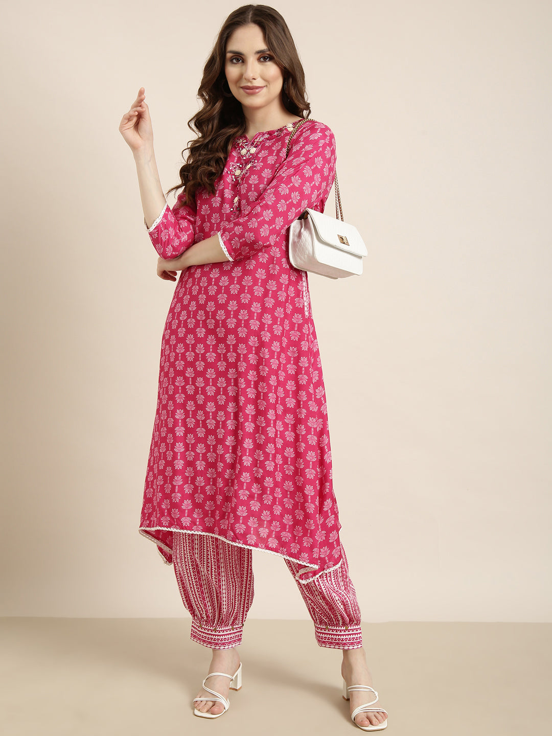 Women A-Line Pink Ethnic Motifs Kurta and Patiala Set