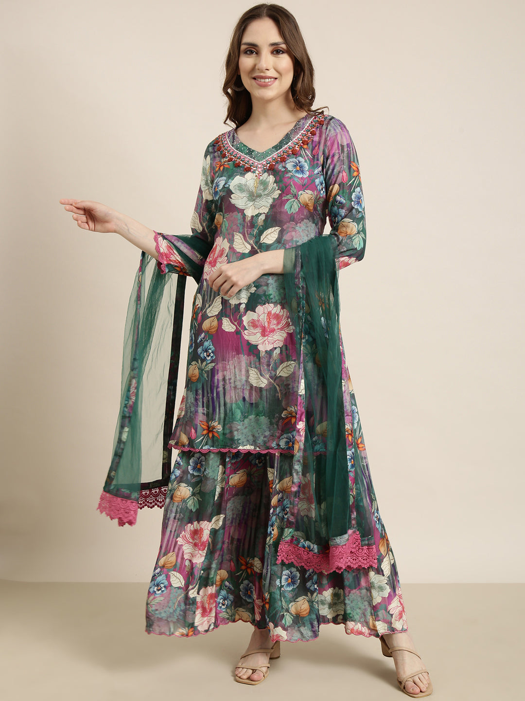 Women Straight Green Floral Kurti and Palazzos Set Comes With Dupatta