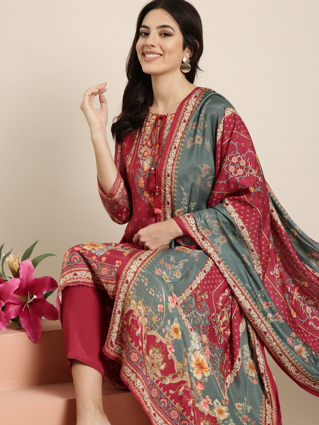 Women Straight Pink Floral Kurta and Trousers Set Comes With Dupatta