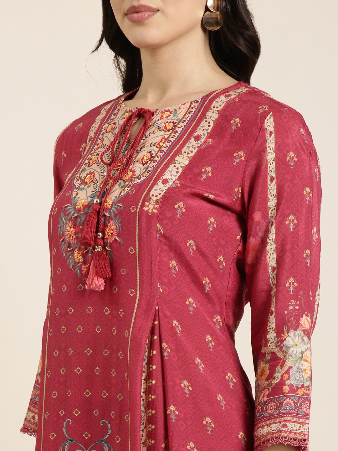 Women Straight Pink Floral Kurta and Trousers Set Comes With Dupatta