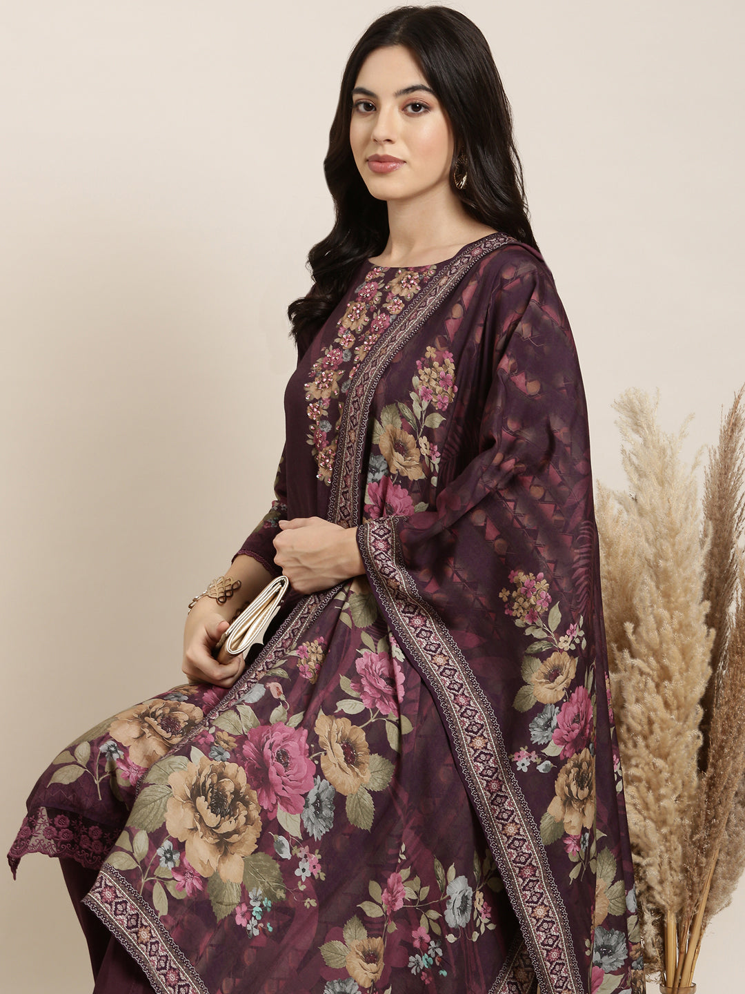 Women Straight Purple Floral Kurta and Trousers Set Comes With Dupatta