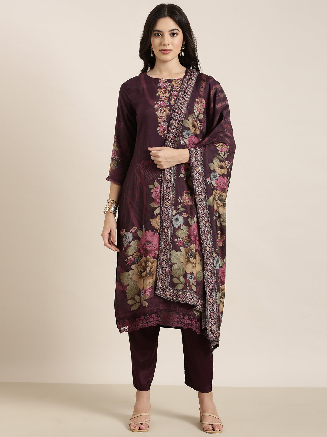 Women Straight Purple Floral Kurta and Trousers Set Comes With Dupatta