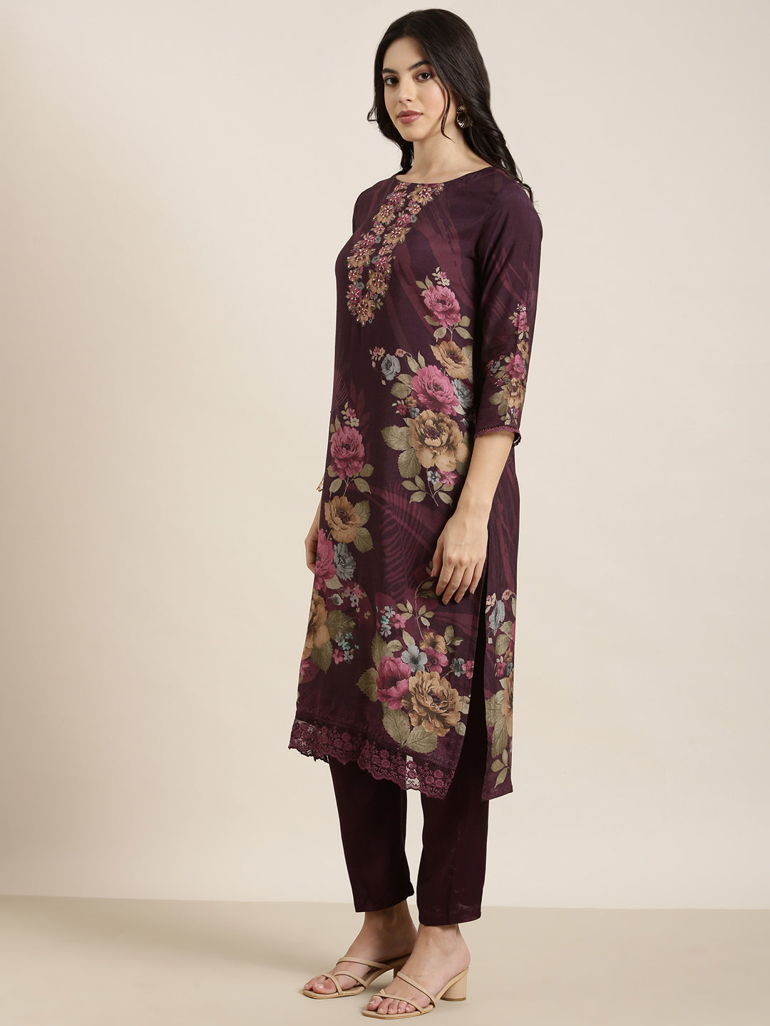 Women Straight Purple Floral Kurta and Trousers Set Comes With Dupatta