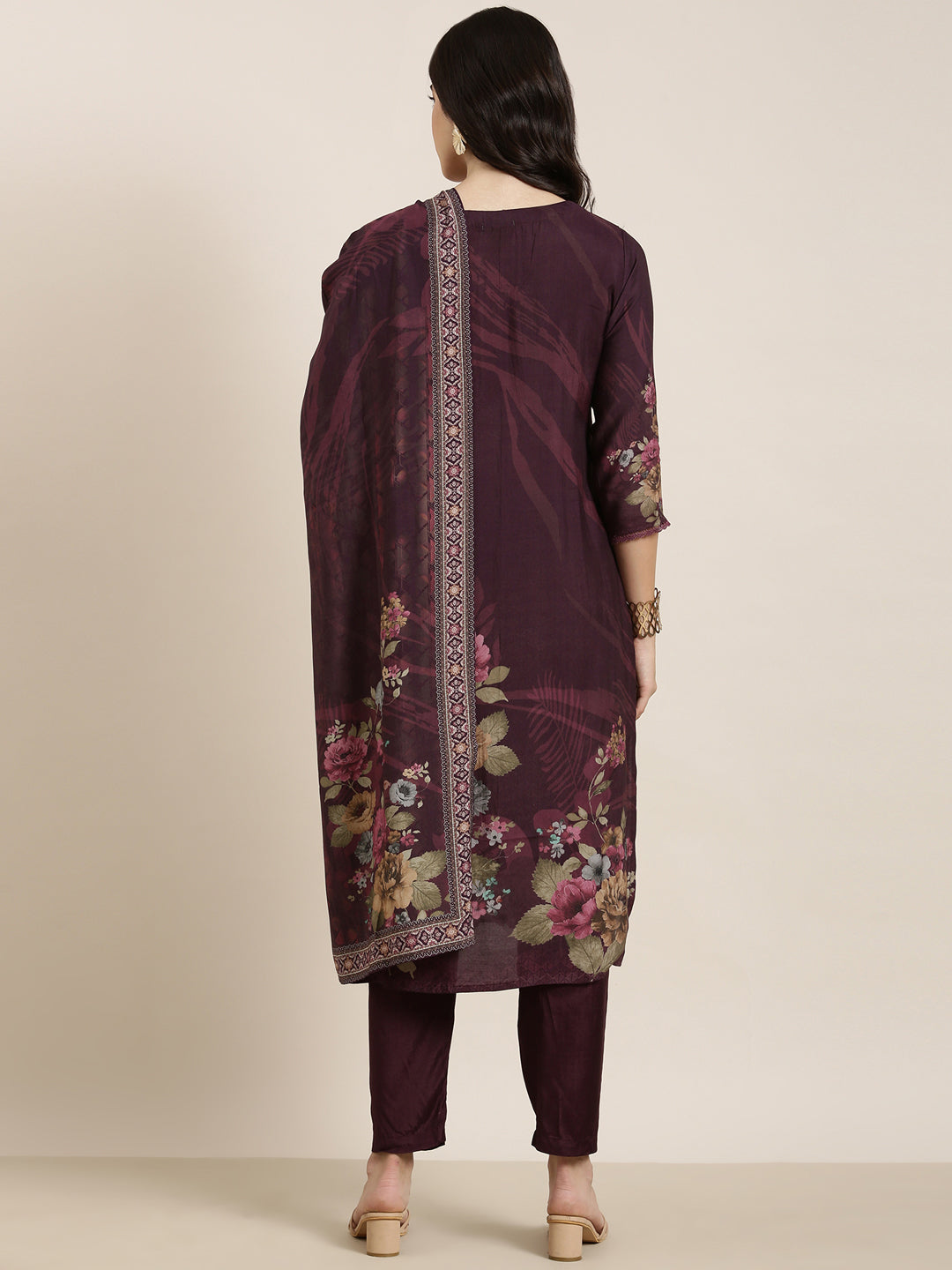 Women Straight Purple Floral Kurta and Trousers Set Comes With Dupatta