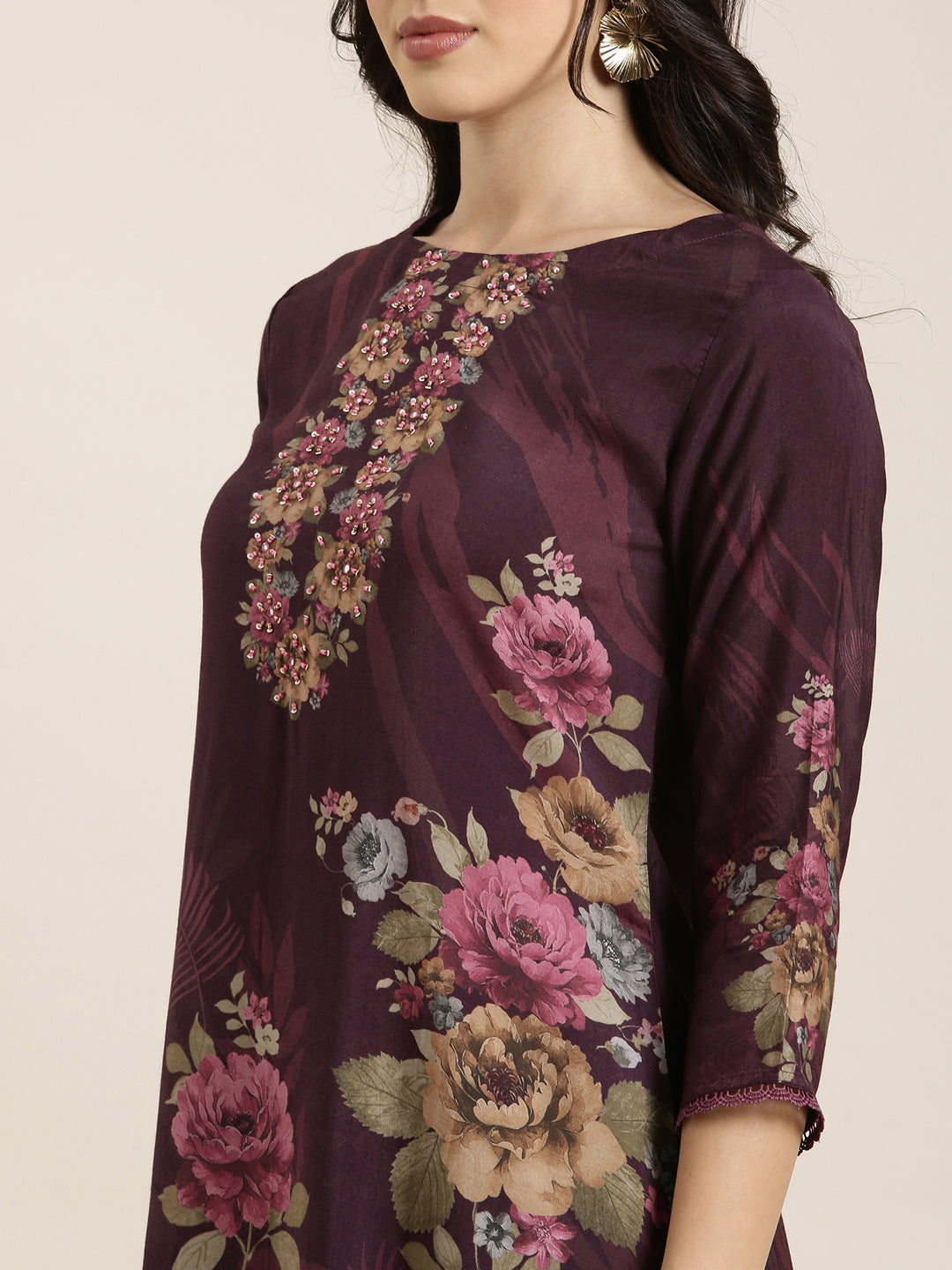 Women Straight Purple Floral Kurta and Trousers Set Comes With Dupatta