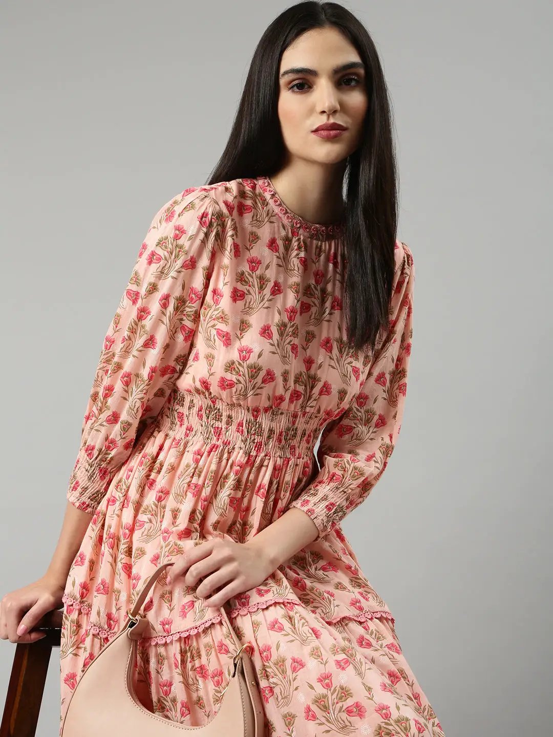 Women's Peach Floral Fit and Flare Dress