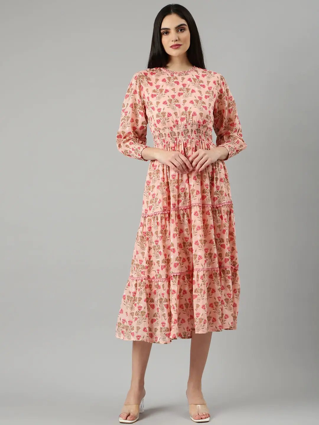 Women's Peach Floral Fit and Flare Dress